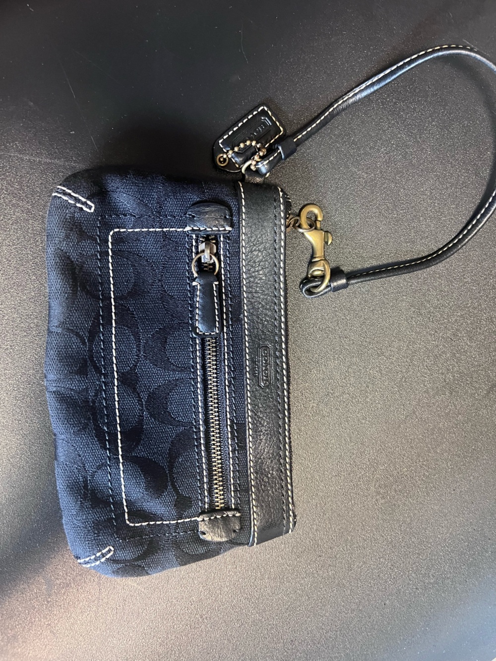 Coach Navy Signature Canvas Wristlet with Leather Trim and Brass Hardware